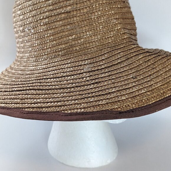 Vintage Liz Claiborne Straw Hat, High Low Brown Fabric Trim Sun Beach - Picture 3 of 9